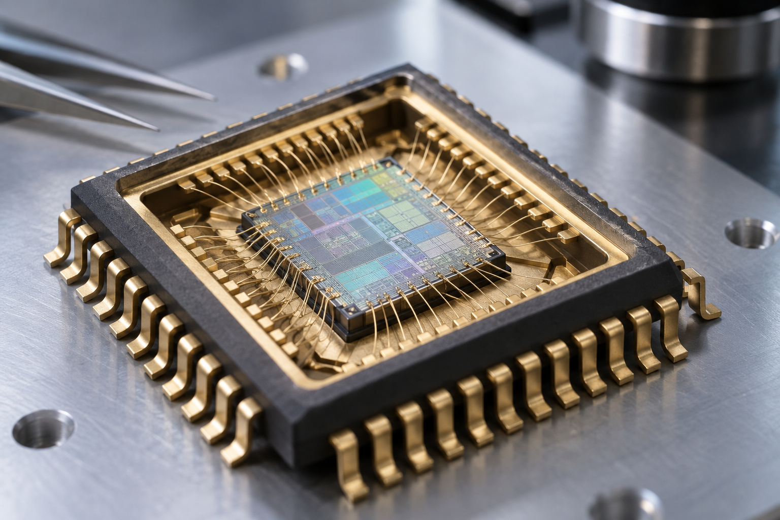 Close-up of a semiconductor package and bond wires